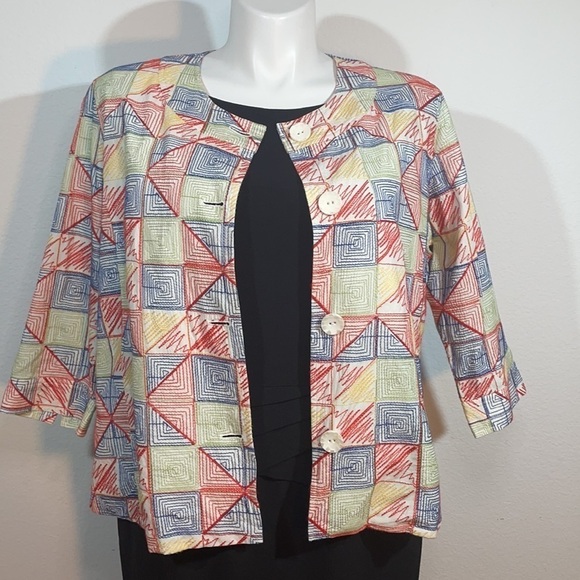 Coldwater Creek Embroidered Cotton Blazer 18W | Colorful Abstract Jacket - Picture 6 of 13